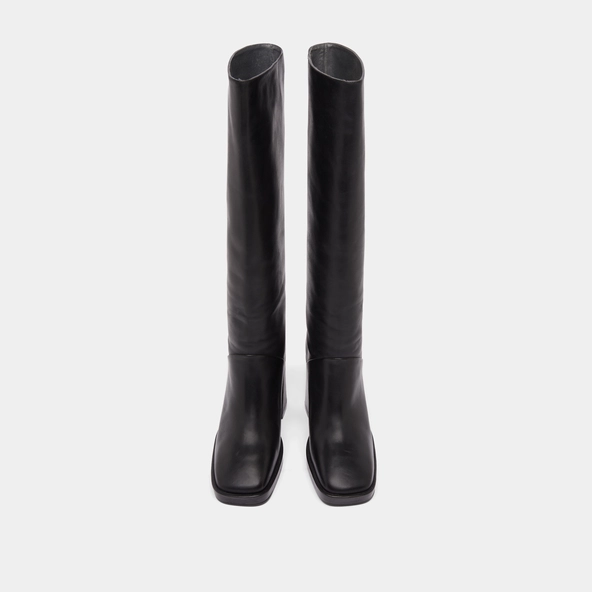 High heel boots with square toe in black leather | DETHLEE