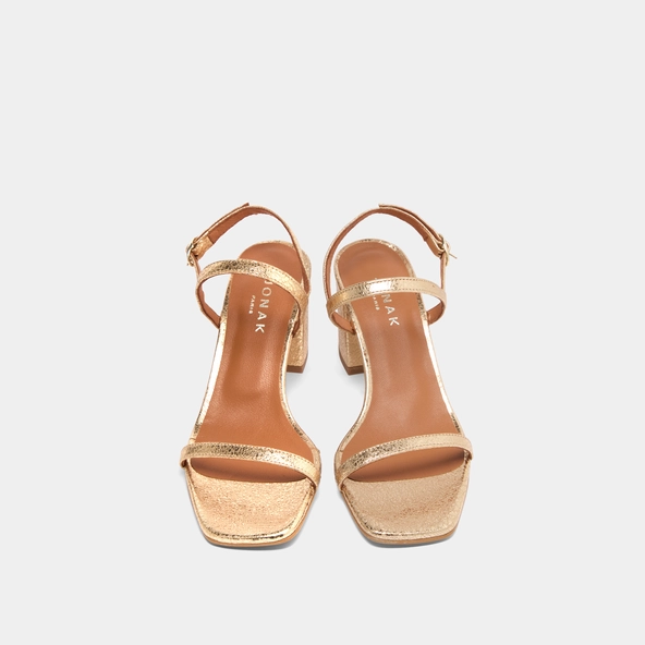 Open-toe sandals with heels in gold cracked leather | VIGNE