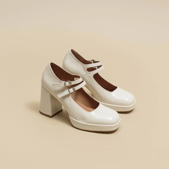 Babies with double straps and platform in ecru gloss leather | VERITE