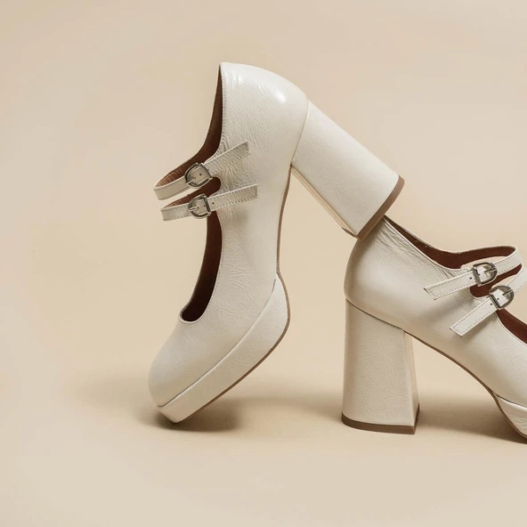 Babies with double straps and platform in ecru gloss leather | VERITE