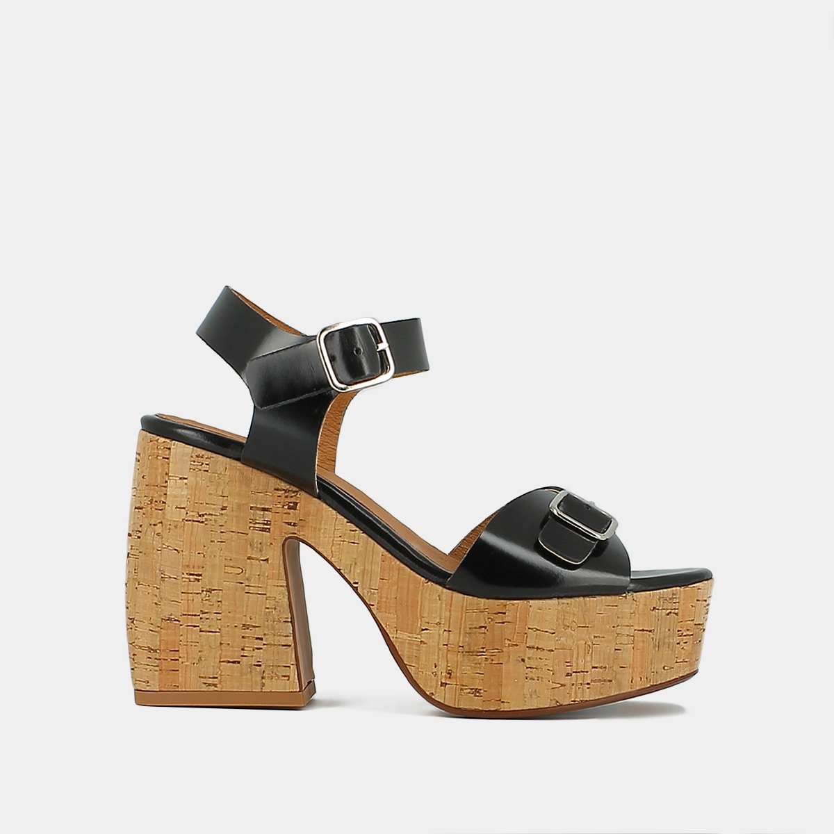 Buckle and platform sandals in black glazed leather | MATHILDE