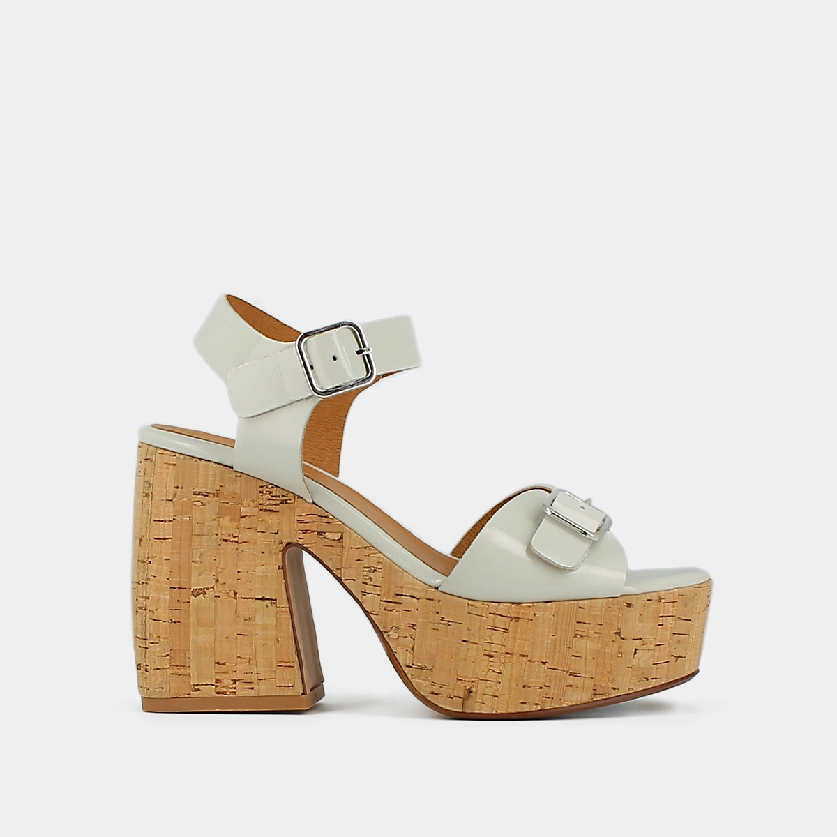 Buckle and platform sandals in glazed ecru leather | MATHILDE