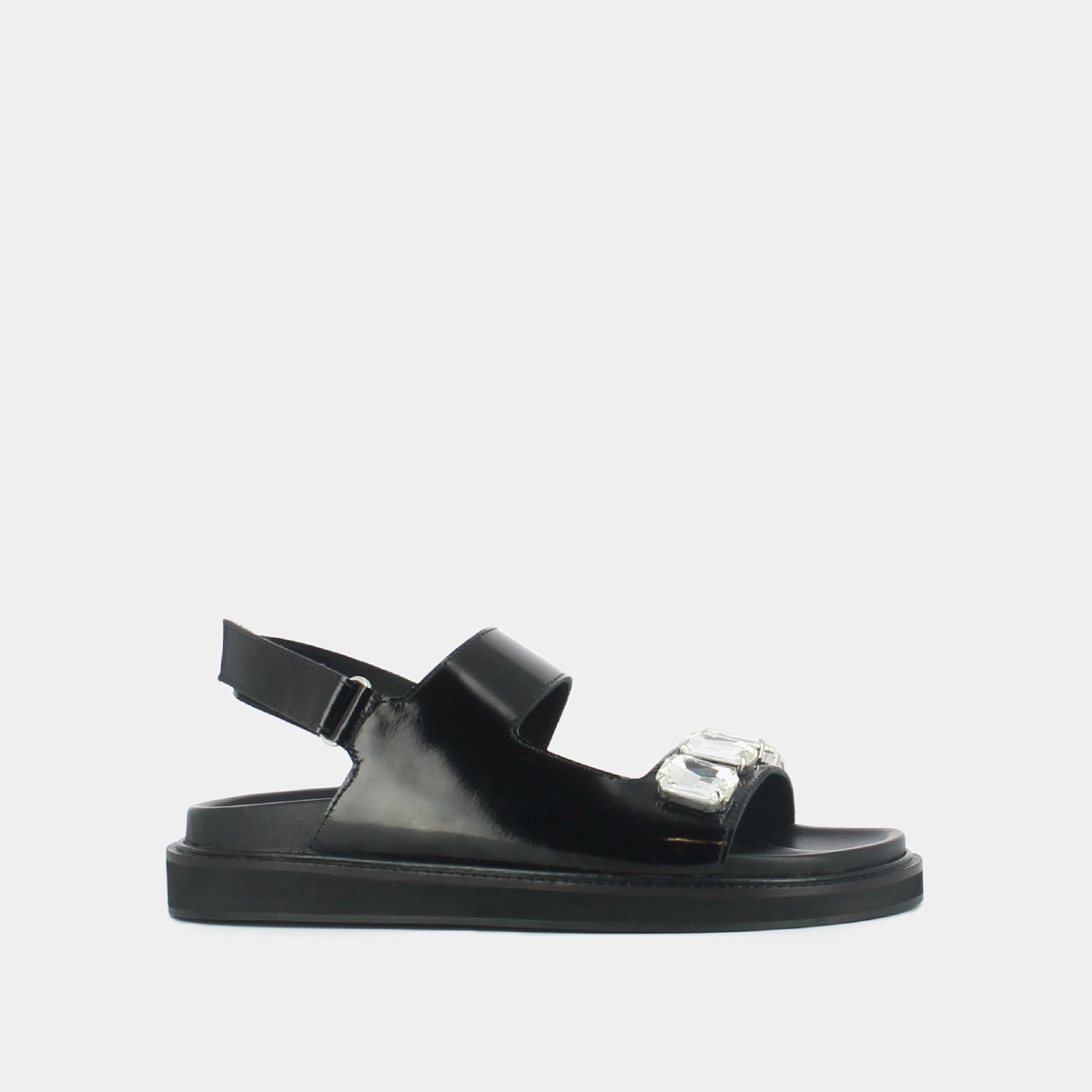 Open sandals with rhinestones in black shiny leather | WINTER