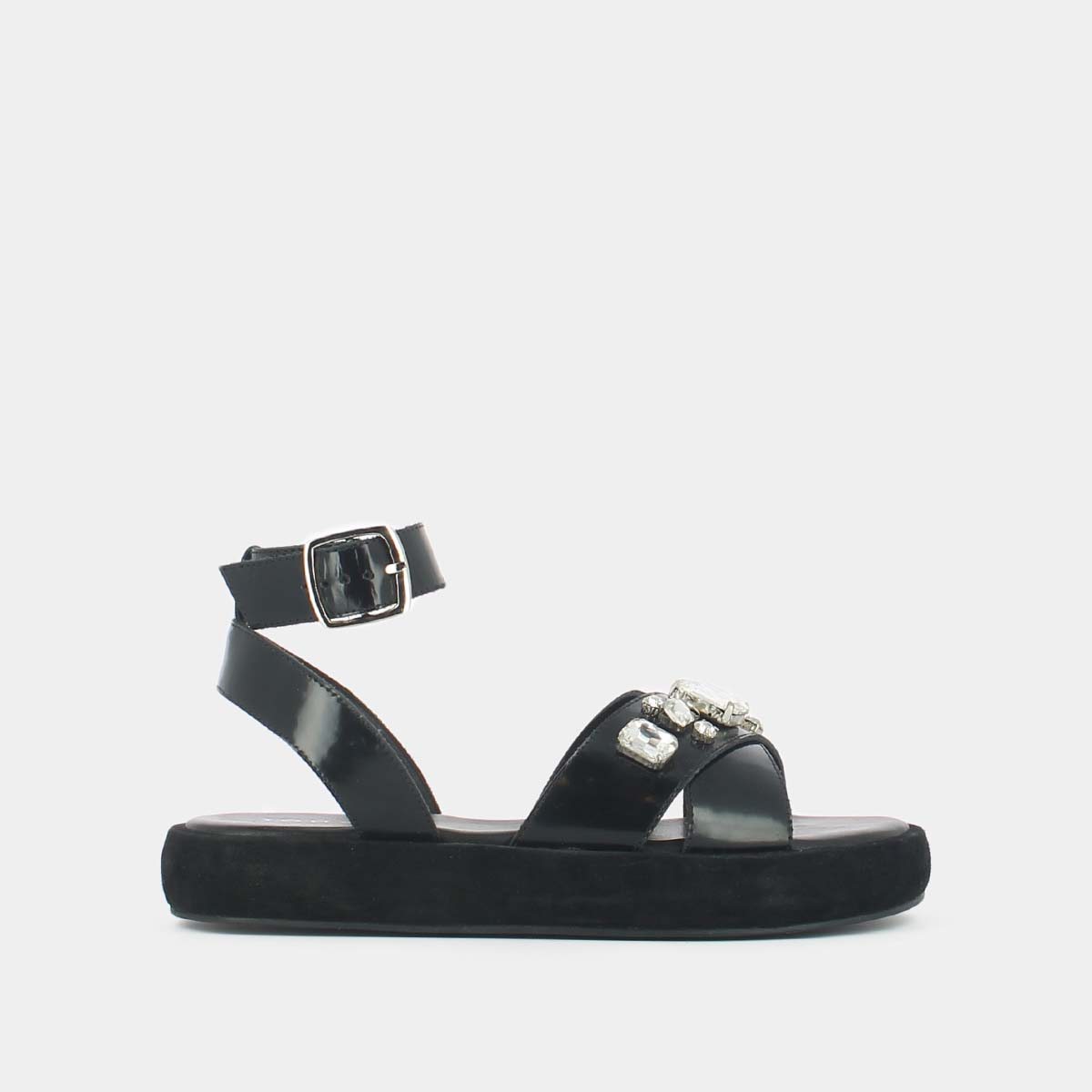 Cross-strap sandals with rhinestones in black glazed leather | WORLD