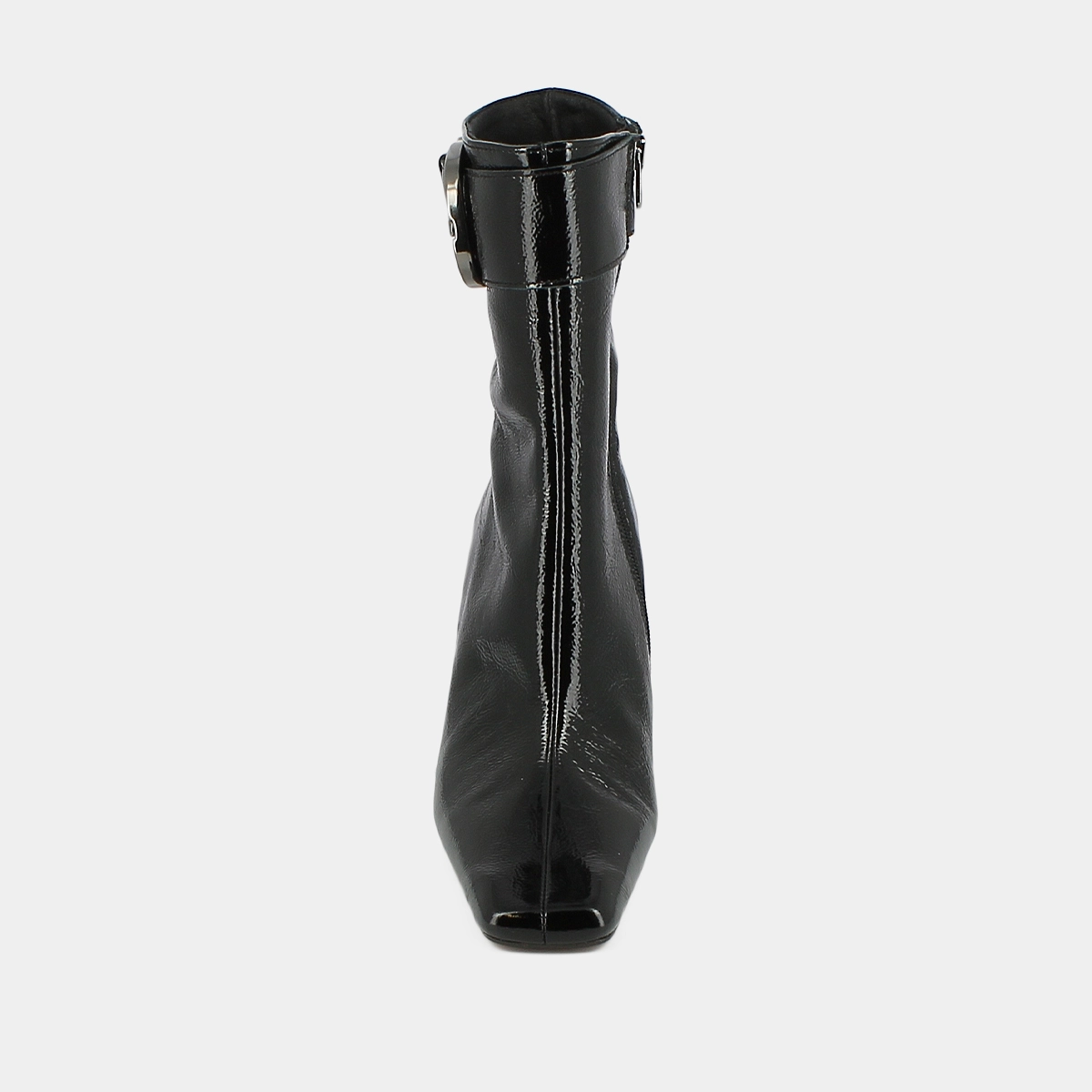 High ankle heel boots with buckles and round toes in black pleated patent leather | BANDOL