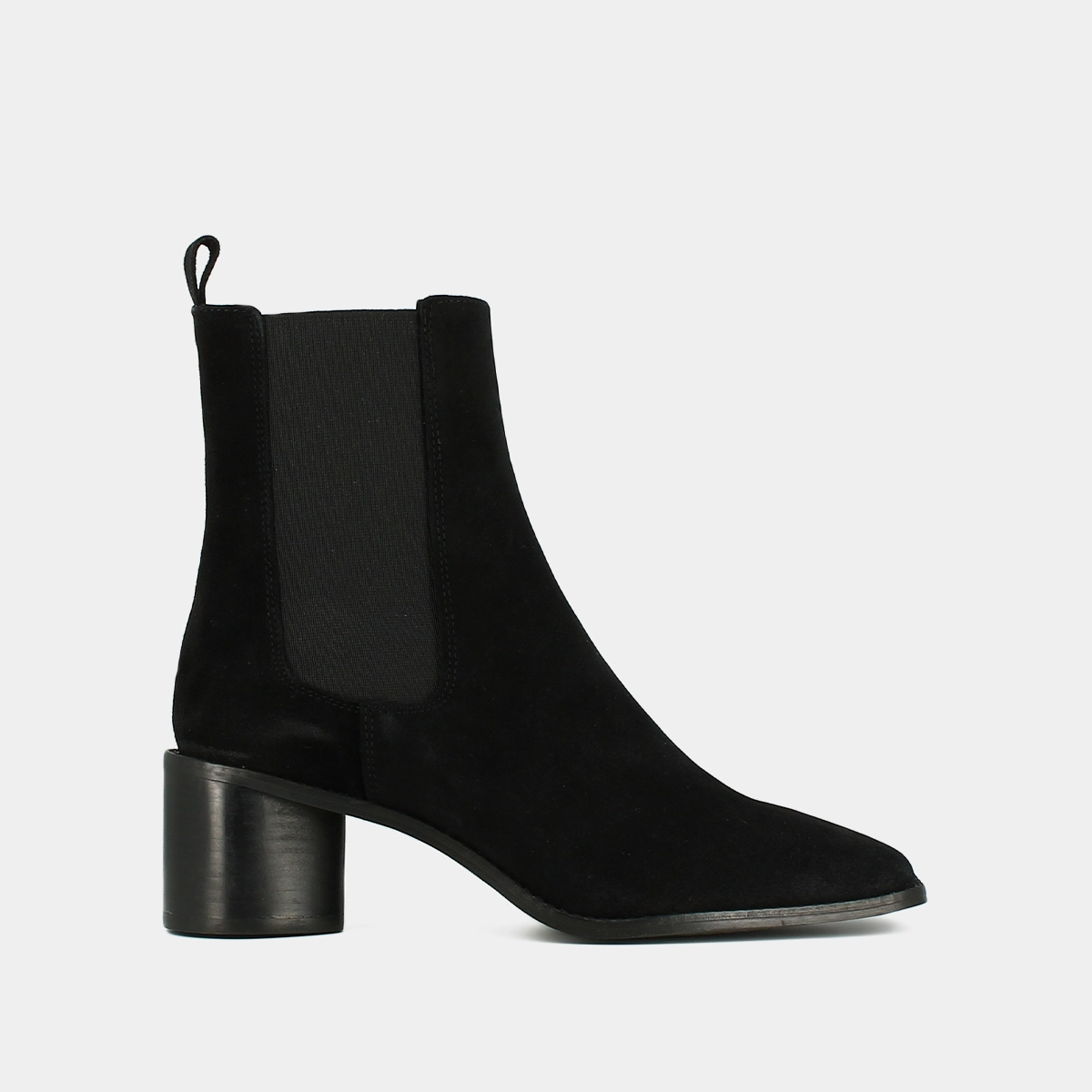 Mid-heeled ankle boots with square toes and elastics in black suede | BERGAMOTE