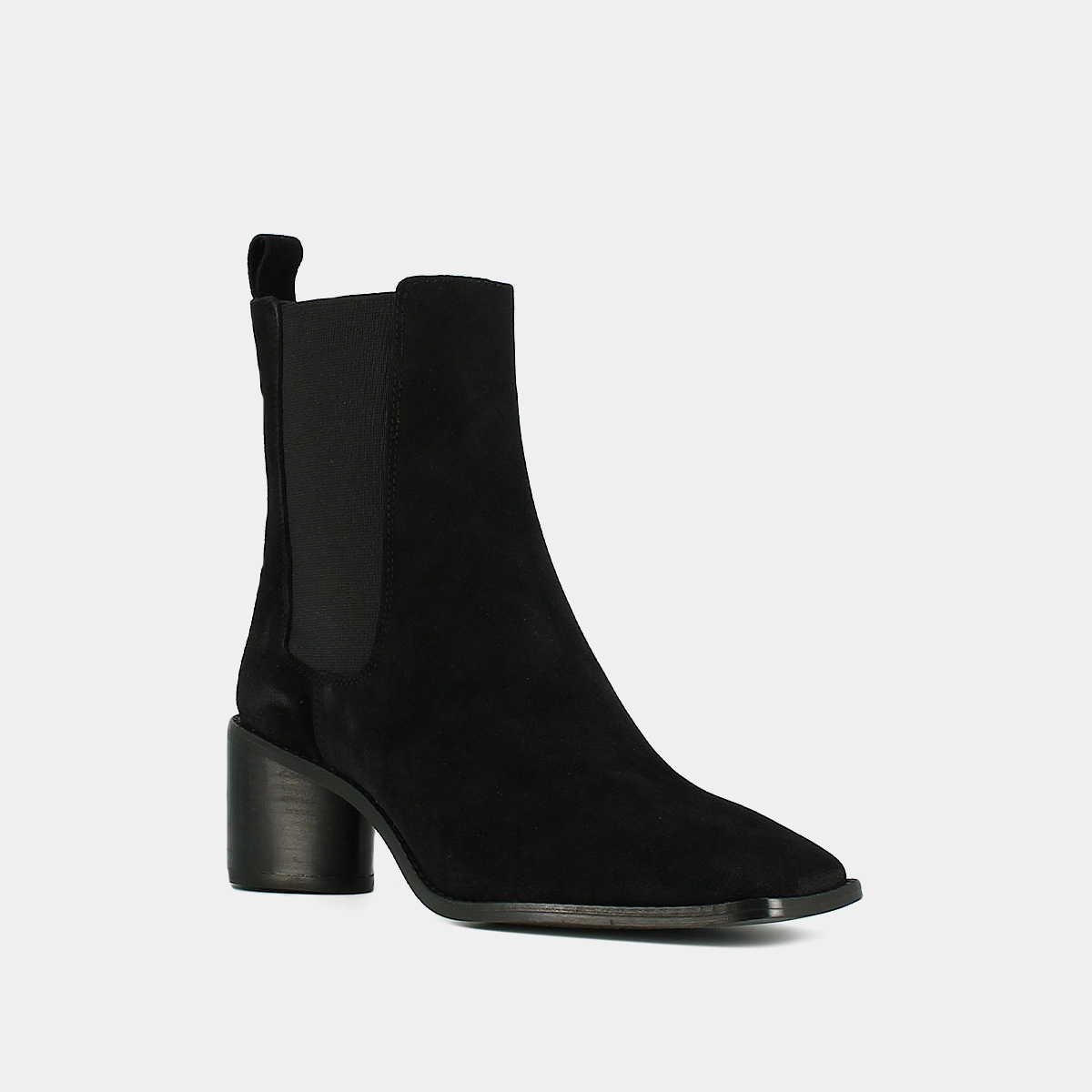 Mid-heeled ankle boots with square toes and elastics in black suede | BERGAMOTE
