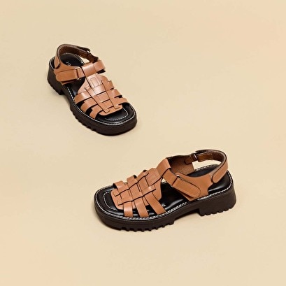Jonak Women Sandals with straps and notched soles in glazed cognac leather