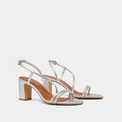 Sandals with heels and straps in silver metallic leather | vicente