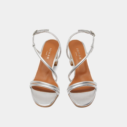 Sandals with heels and straps in silver metallic leather | vicente