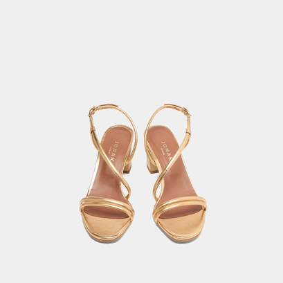 Sandals with heels and straps in gold metallic leather | vicente