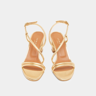 Sandals with heels and straps in gold metallic leather | vicente
