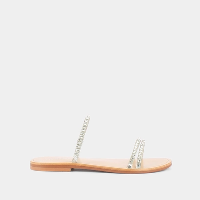 Mules with straps in leather and silver rhinestones | what