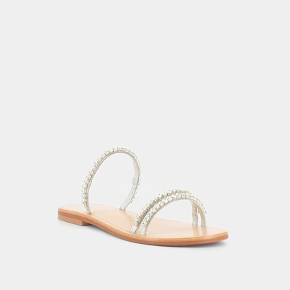 Mules with straps in leather and silver rhinestones | what