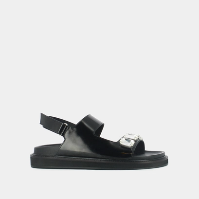 Open sandals with rhinestones in black shiny leather | winter