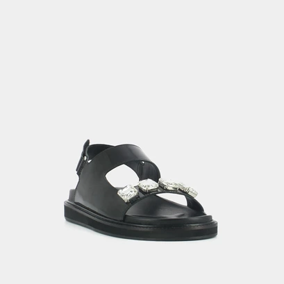 Open sandals with rhinestones in black shiny leather | winter