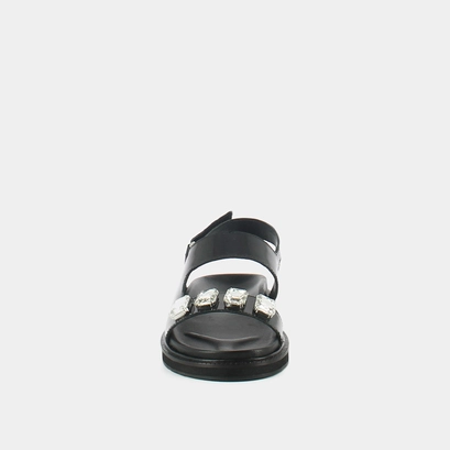 Open sandals with rhinestones in black shiny leather | winter
