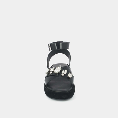Cross-strap sandals with rhinestones in black glazed leather | world