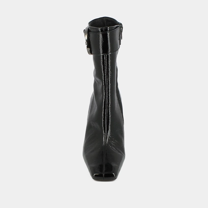 High ankle heel boots with buckles and round toes in black pleated patent leather | bandol