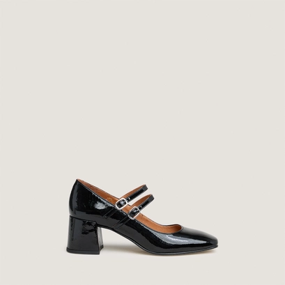 Babies with mid-heels and buckle straps in black pleated patent | alienar