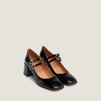 Babies with mid-heels and buckle straps in black pleated patent | alienar