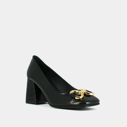 High heels and bows in black glazed leather | dostony