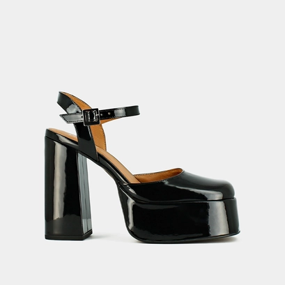 Platform slippers with straps in black patent | bachelier