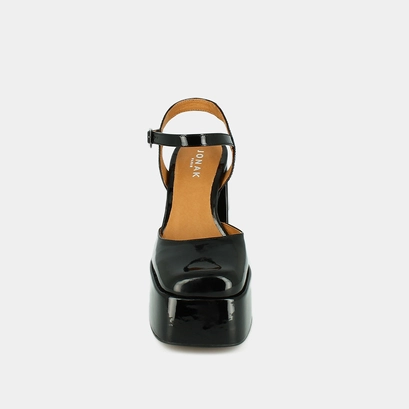 Platform slippers with straps in black patent | bachelier