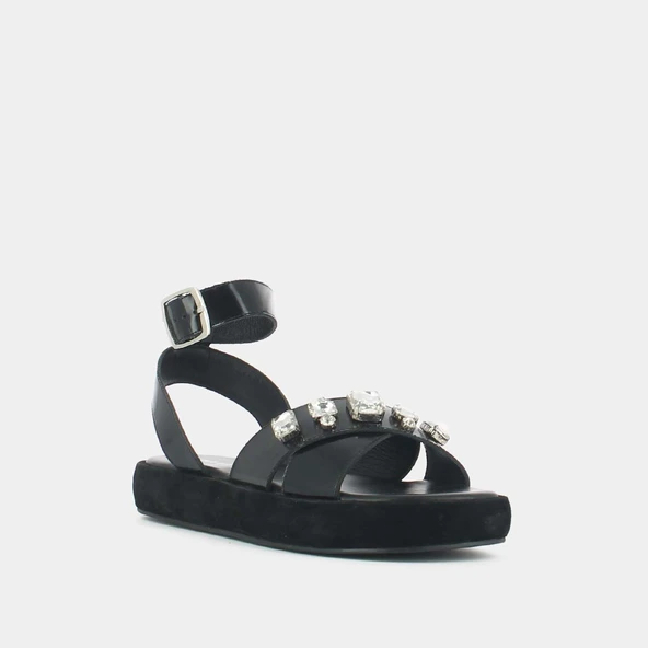 Cross-strap sandals with rhinestones in black glazed leather | WORLD
