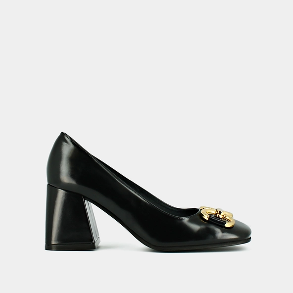 High heels and bows in black glazed leather | DOSTONY