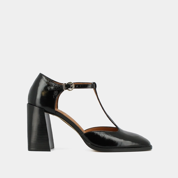 Babies high heels and square toes with straps in black shiny leather | VALLON