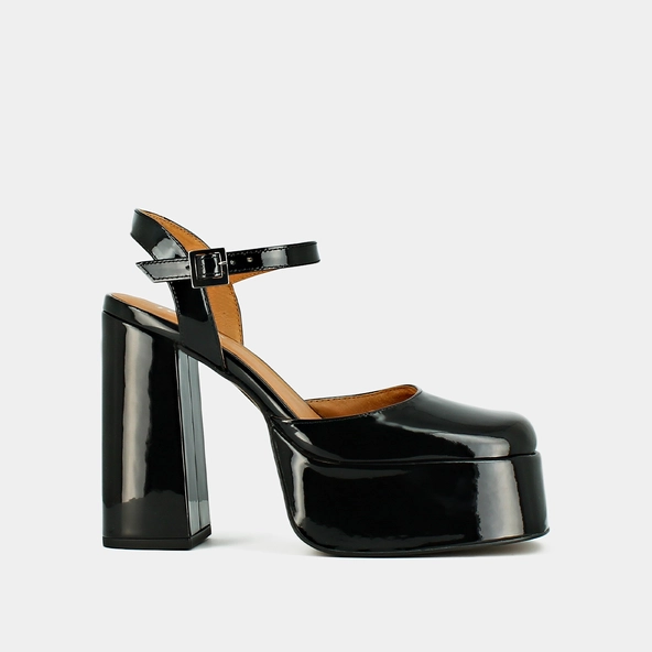 Platform slippers with straps in black patent | BACHELIER