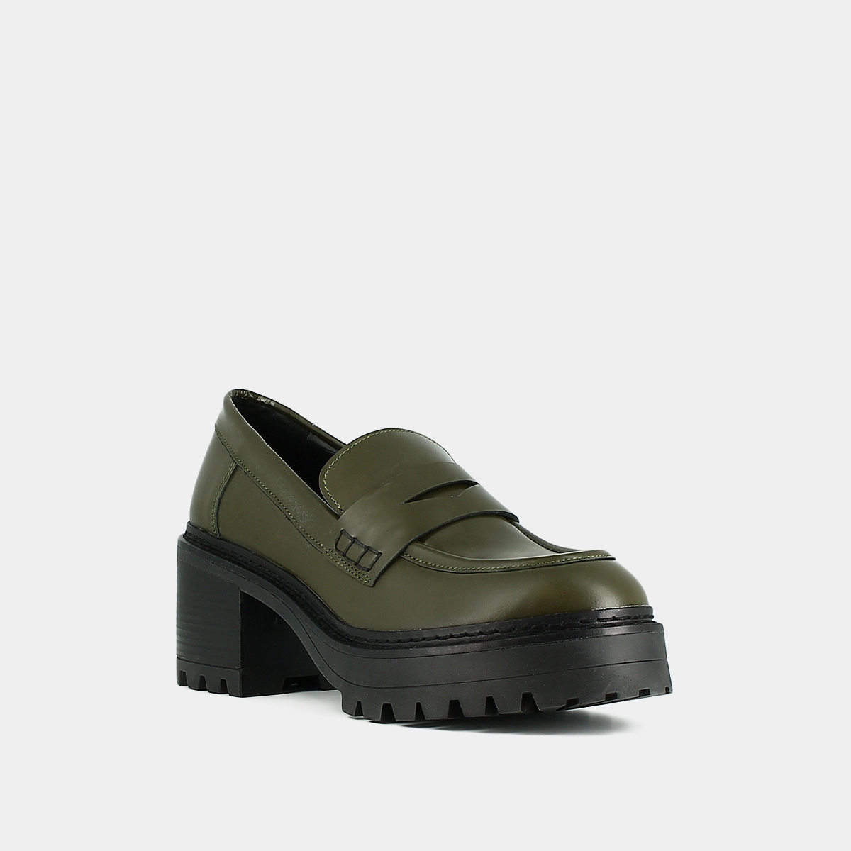 Heeled loafers with notched soles in kaki shiny leather | RHUM