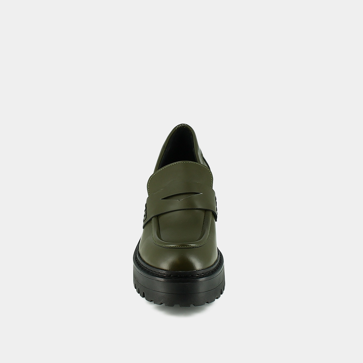 Heeled loafers with notched soles in kaki shiny leather | RHUM