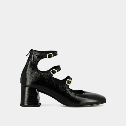 Straps and heels in black shiny leather | arena