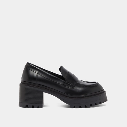Heeled loafers with notched soles in black shiny leather | rhum