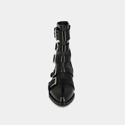 Boots with straps and pointed toes in black leather | diora