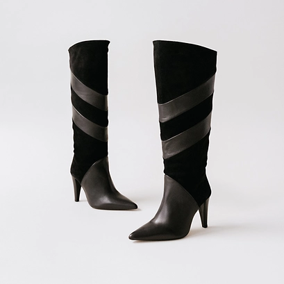 High boots with pointed toes in black suede and leather | biaggio