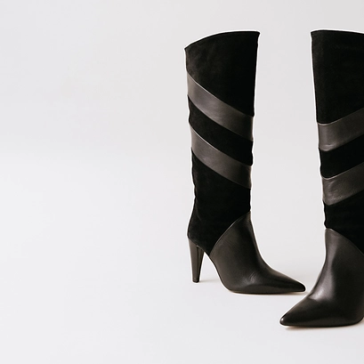 High boots with pointed toes in black suede and leather | biaggio