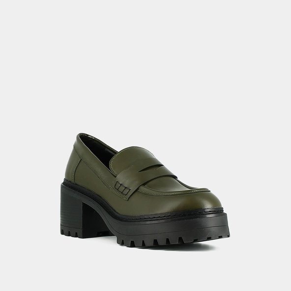 Heeled loafers with notched soles in kaki shiny leather | RHUM