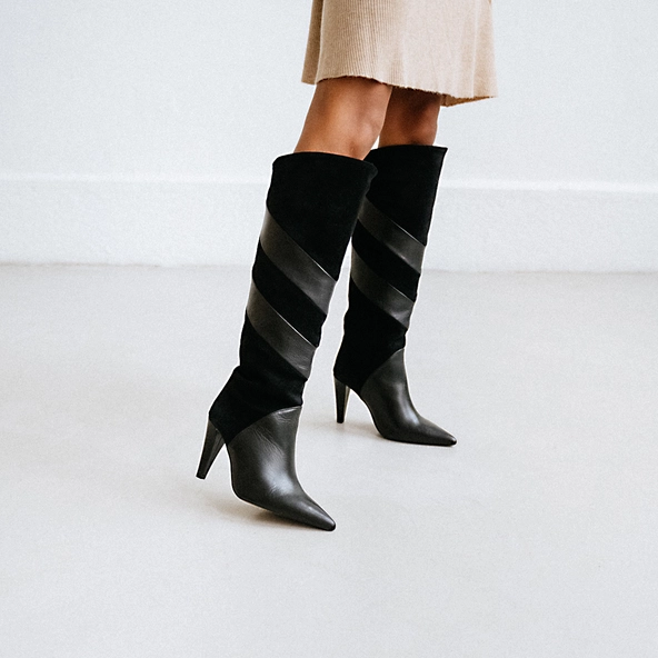 High boots with pointed toes in black suede and leather | BIAGGIO