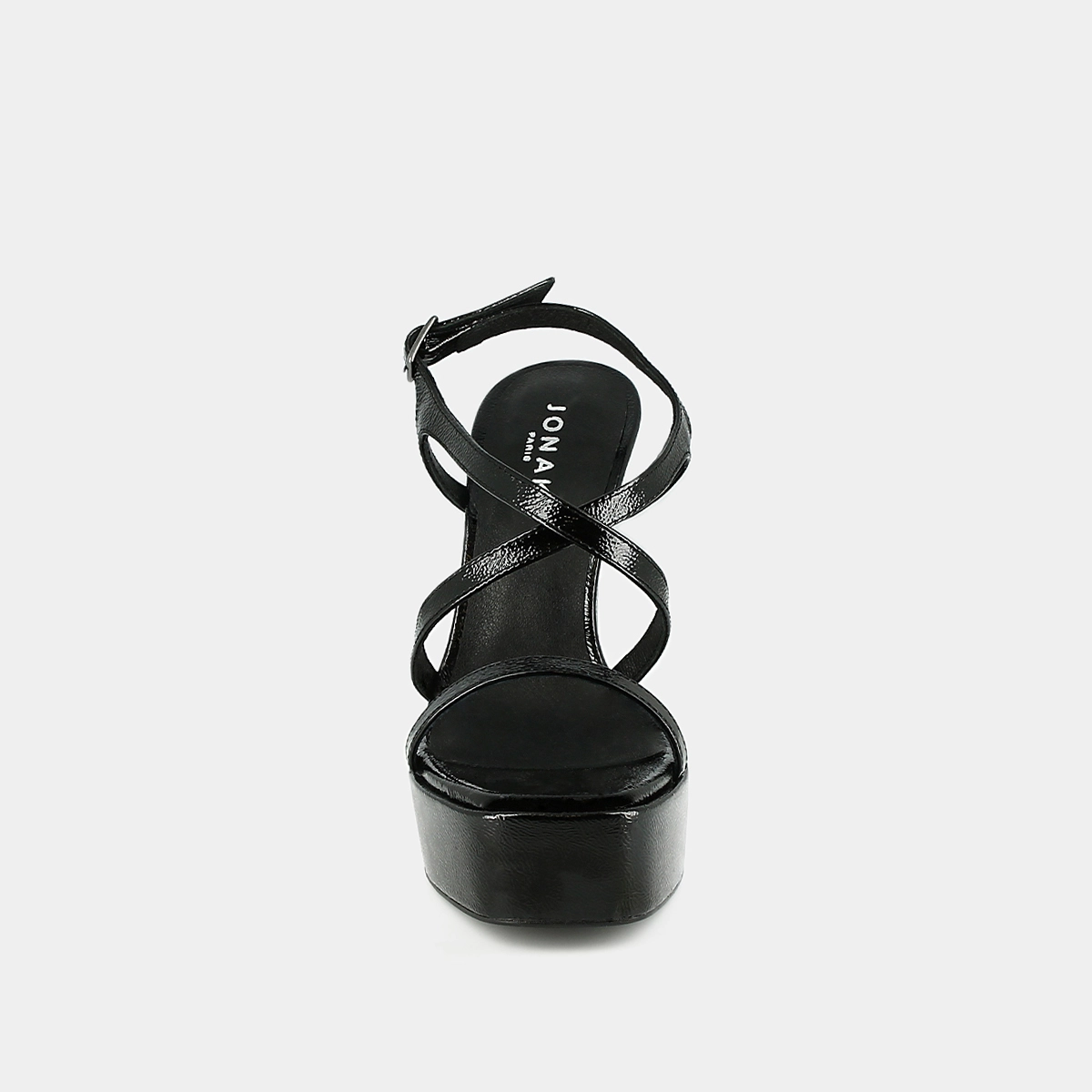 Platform sandals with crossed straps in black pleated leather | BOECIA