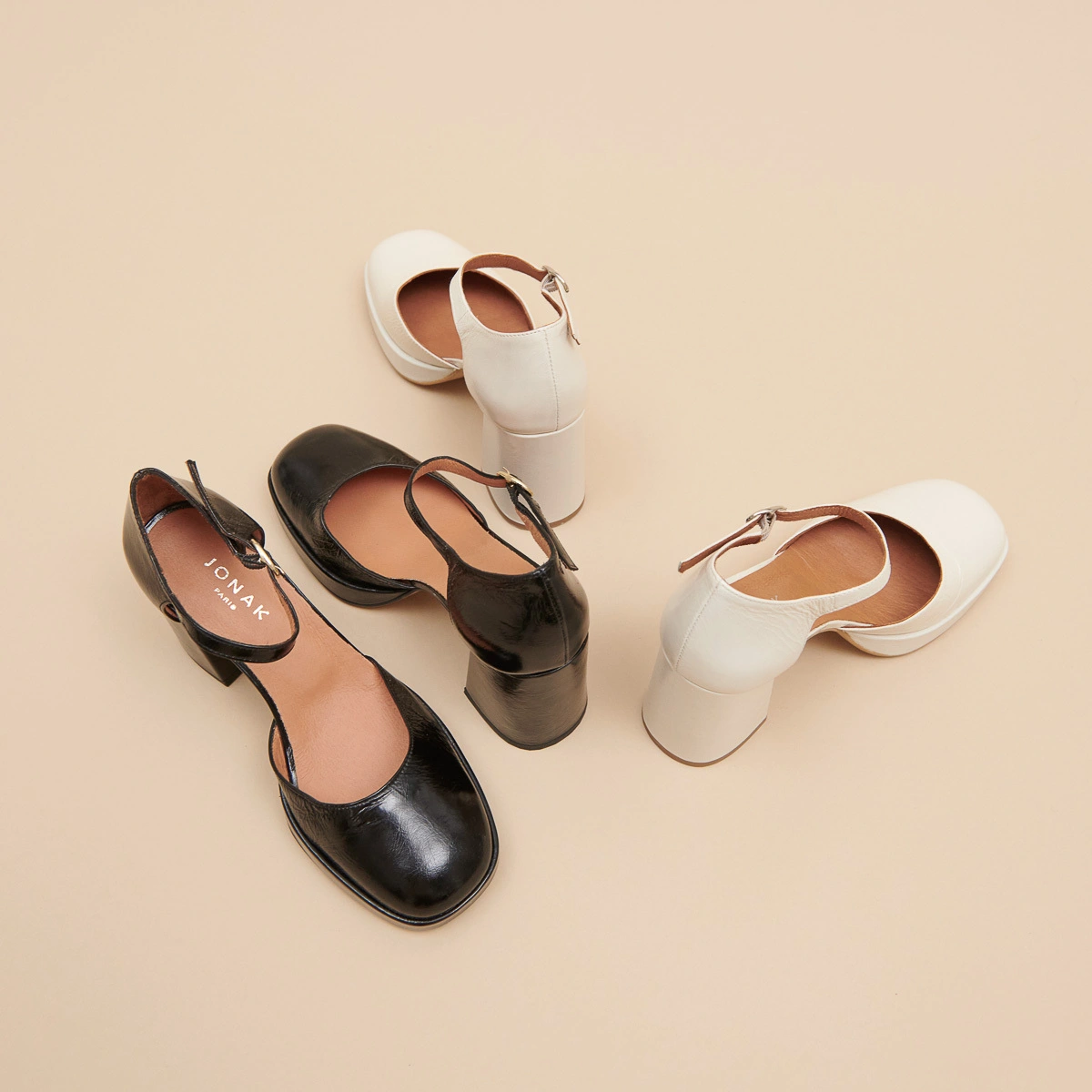 Square toe slippers with strap in black shiny leather | VERO