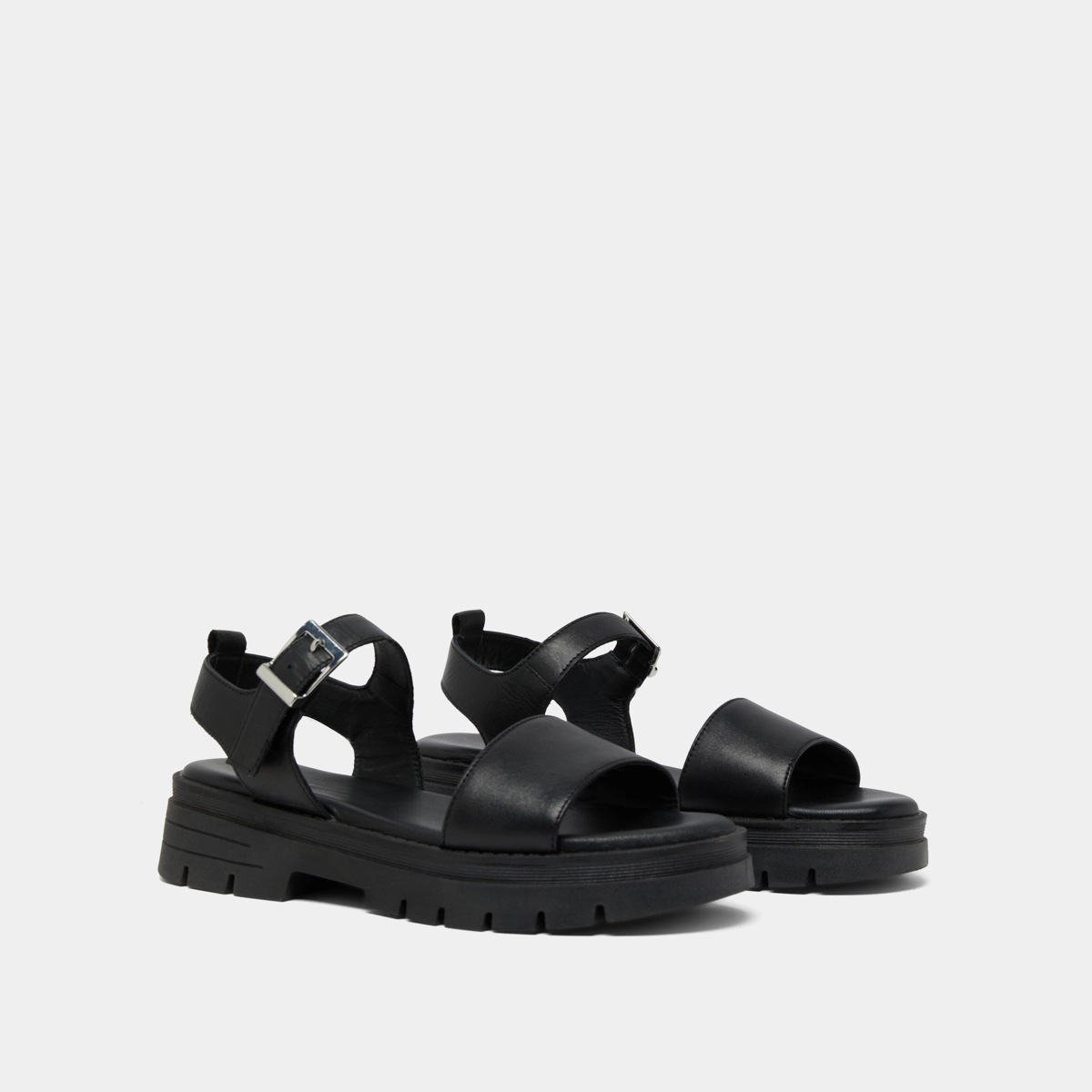 Platform sandals with straps in black leather | ASK