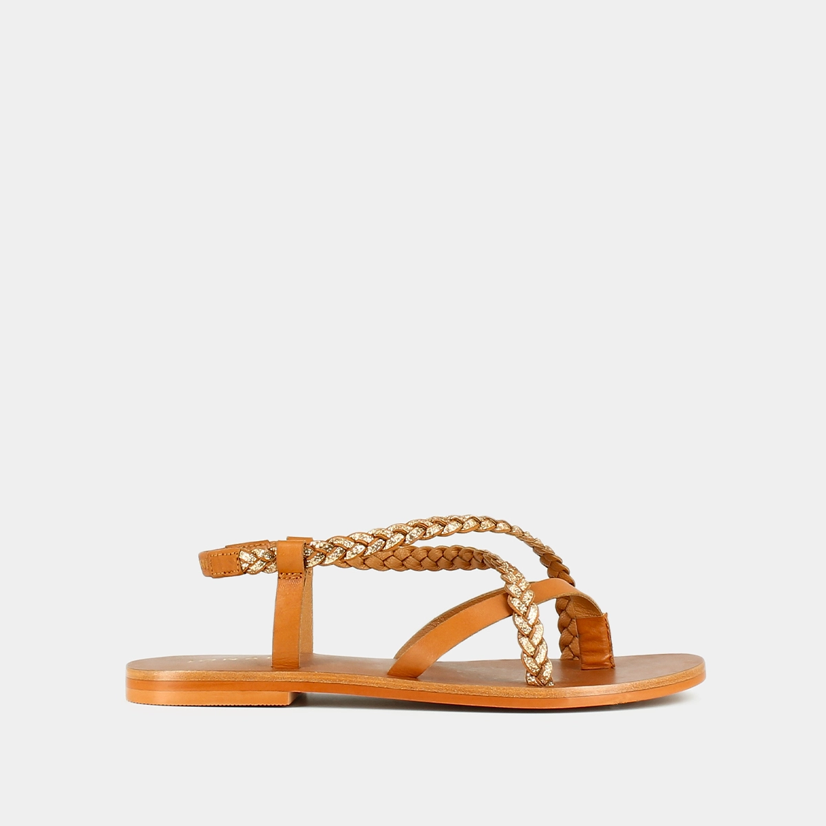Sandals with straps in leather camel and gold | WARREN