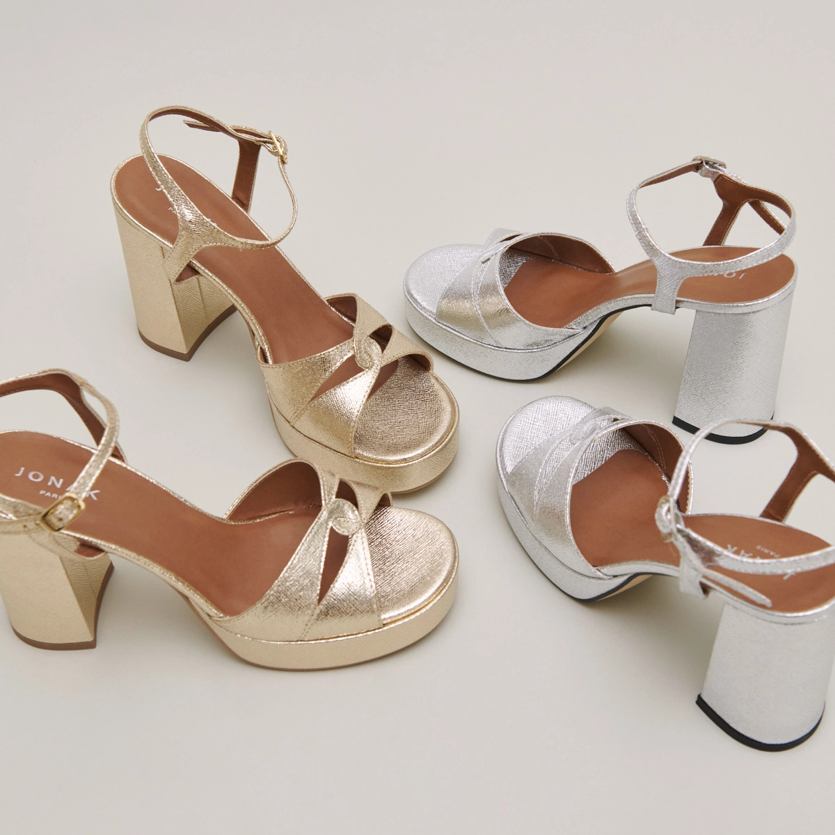 Platform sandals and high heels in platinum metallic textile | JUSTINE