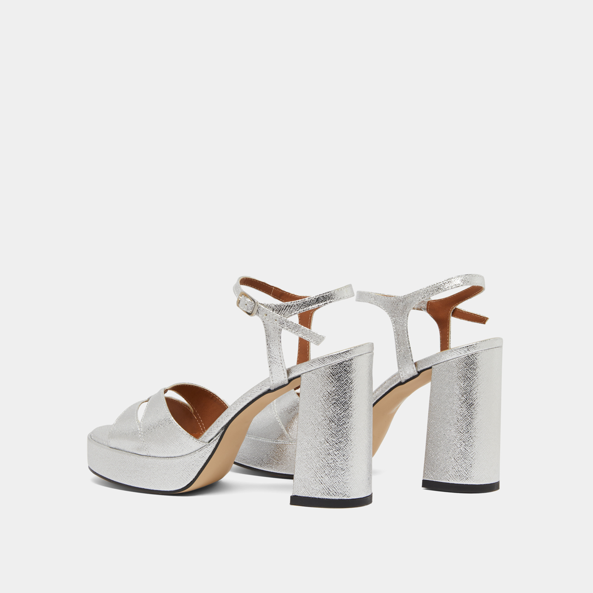 Platform sandals and high heels in silver metallic textile | JUSTINE
