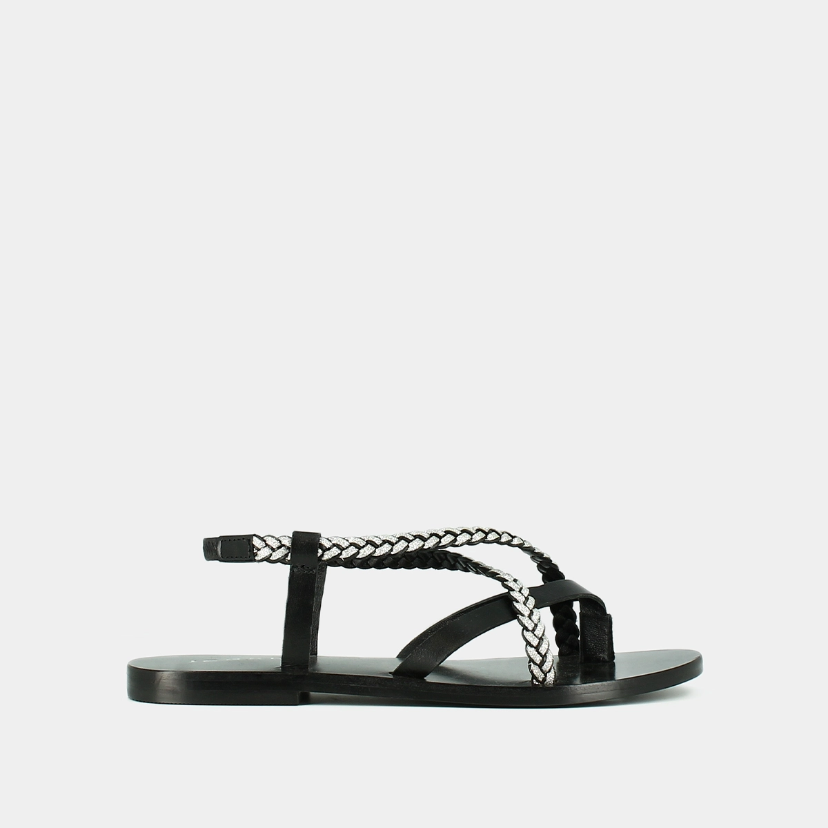 Sandals with braided straps in black and silver leather | WARREN