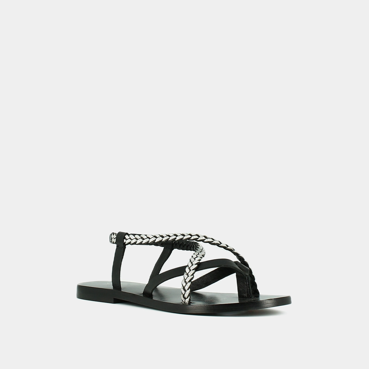 Sandals with braided straps in black and silver leather | WARREN
