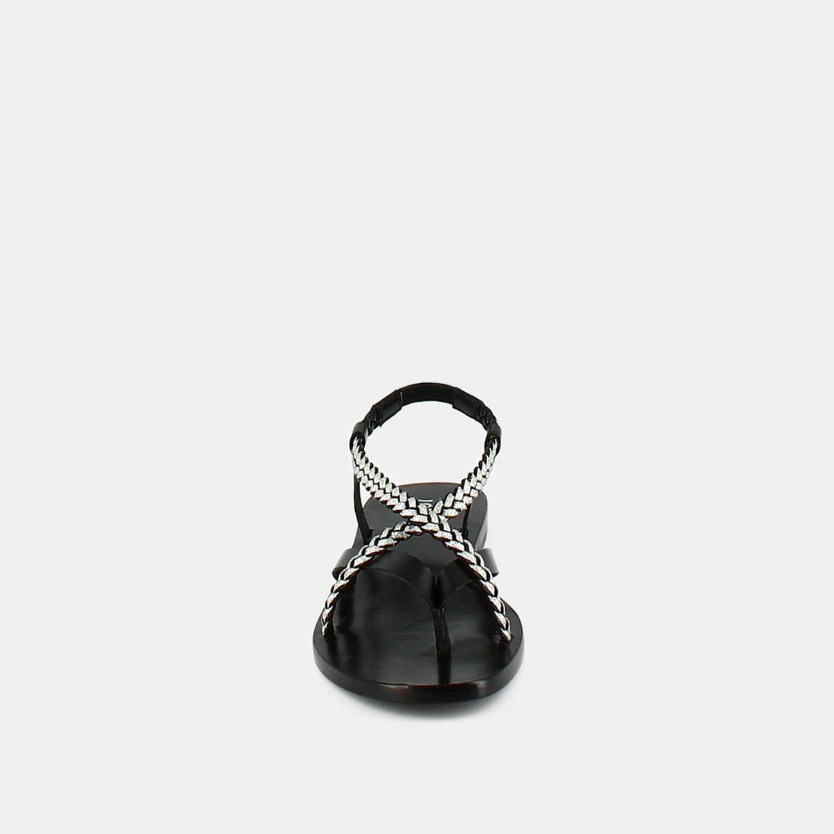 Sandals with braided straps in black and silver leather | WARREN